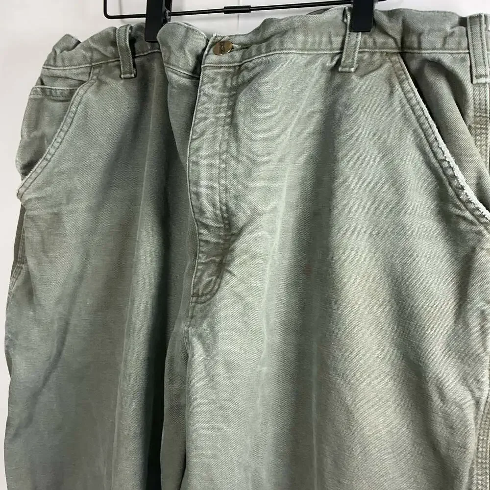 Carhartt Vintage Flannel-Lined Green Canvas Carpenter Work Pants Distressed